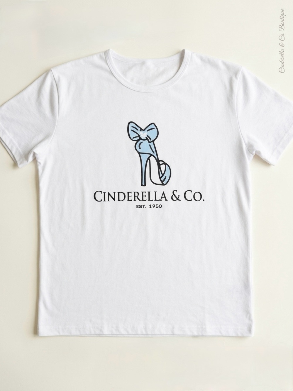Cinderella Womens White T‑Shirt with Blue Logo